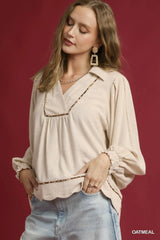 Linen Scallop Hem Blouse with Contrast Trim with Plus Size Umgee
