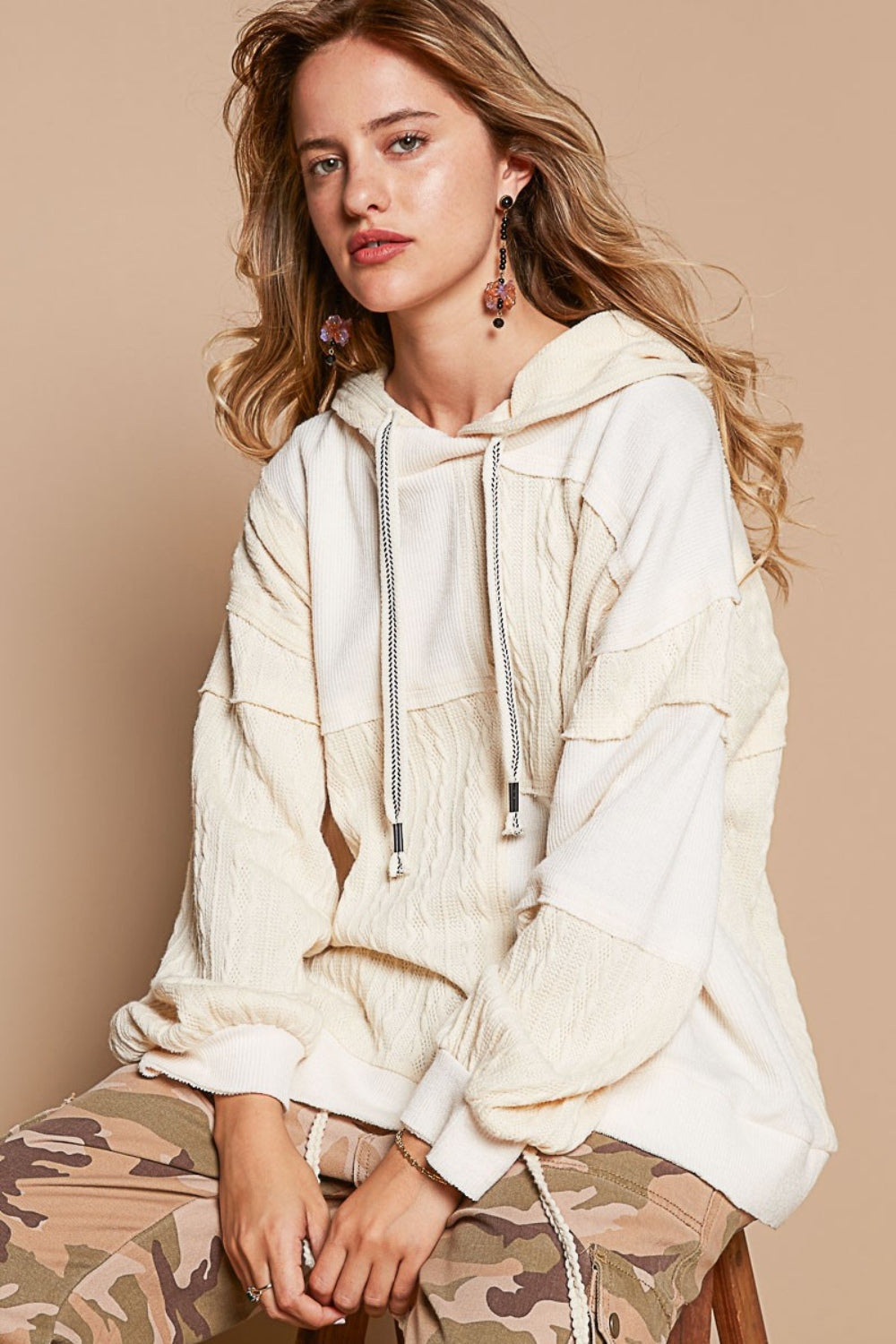 Exposed Seam Hooded Knit Top POL Cream S 