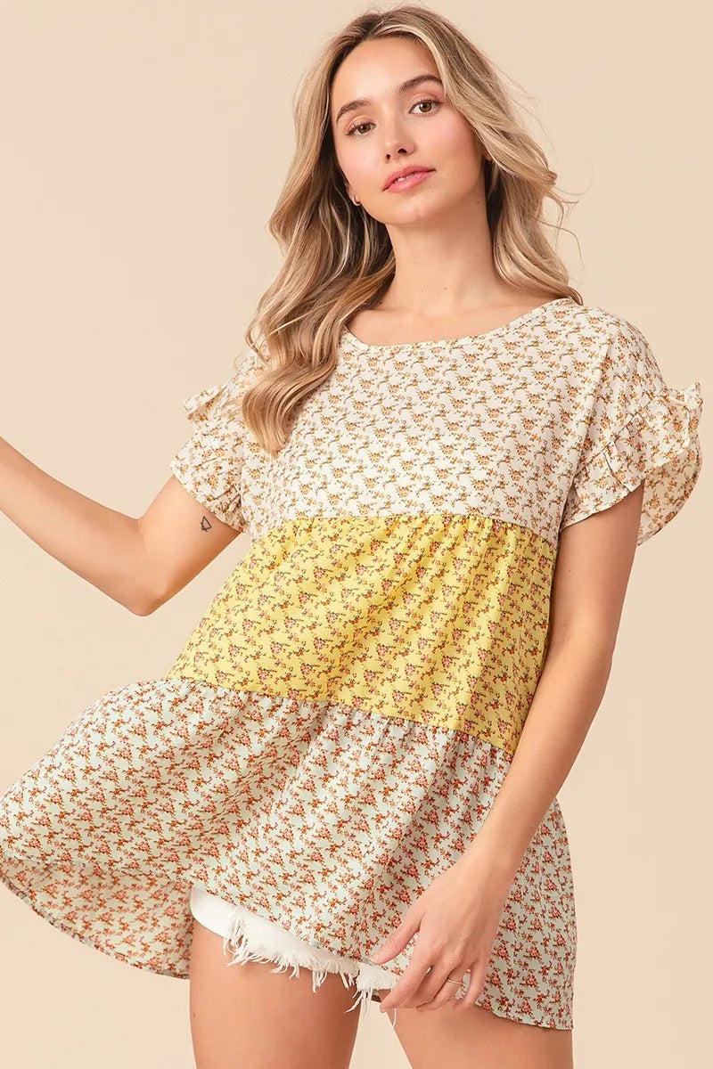 Floral Printed Woven Color Block and Tiered Top BiBi