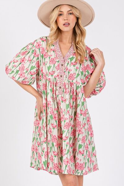 Floral Half Button Notched Puff Sleeve Dress Sage + Fig