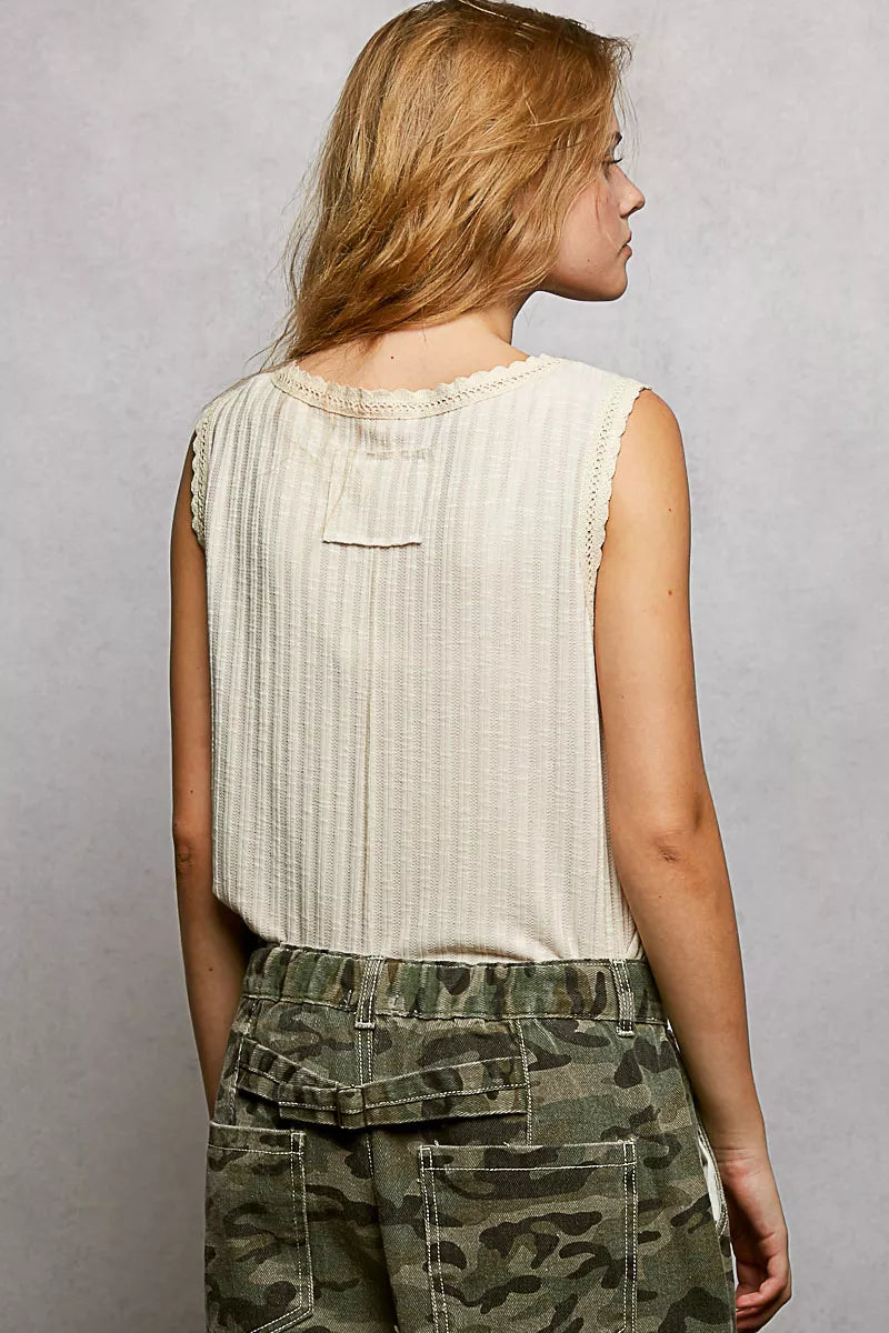 POL Ribbed Round Neck Tank with Lace Trim Trendsi