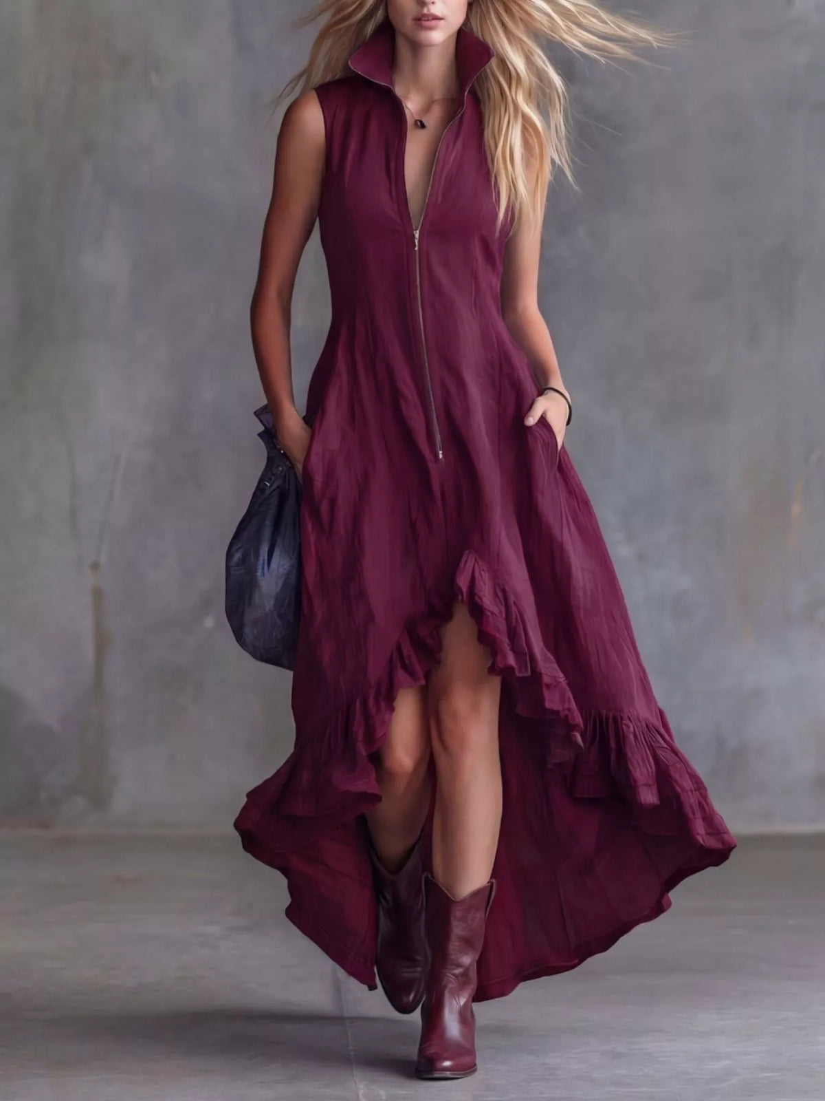 Full Size High-Low Ruffled Zip Front Dress Plus Size Simmer & Fay Burgundy S