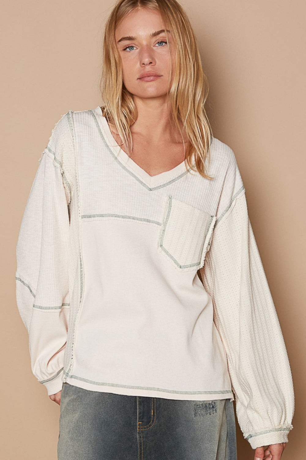 V-Neck knit Panel Exposed Seam Top POL Cream S 