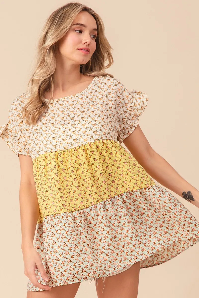 Floral Printed Woven Color Block and Tiered Top BiBi