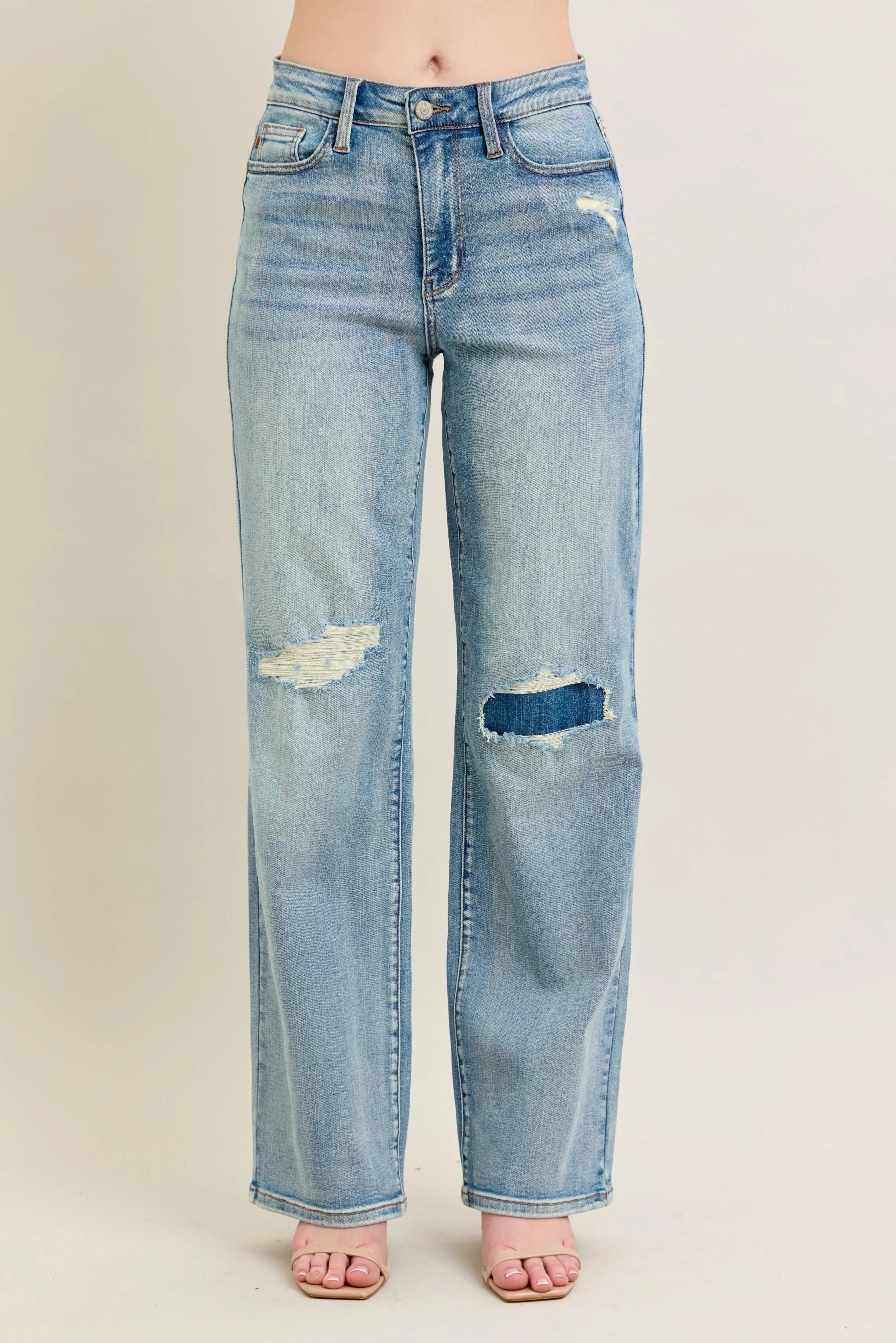 High Waisted Destroy & Knee Patch Straight Jeans With Plus Size Judy Blue Medium 0(24)