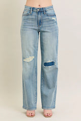 High Waisted Destroy & Knee Patch Straight Jeans With Plus Size Judy Blue Medium 0(24)