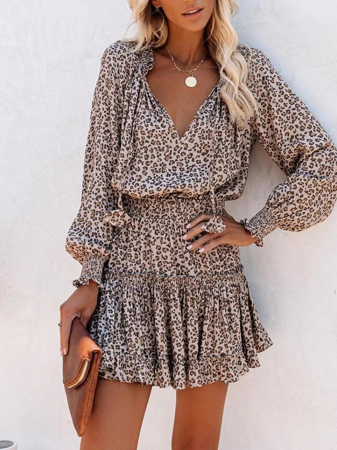 Tie Neck Lantern Sleeve Dress Simmer & Fay Leopard S