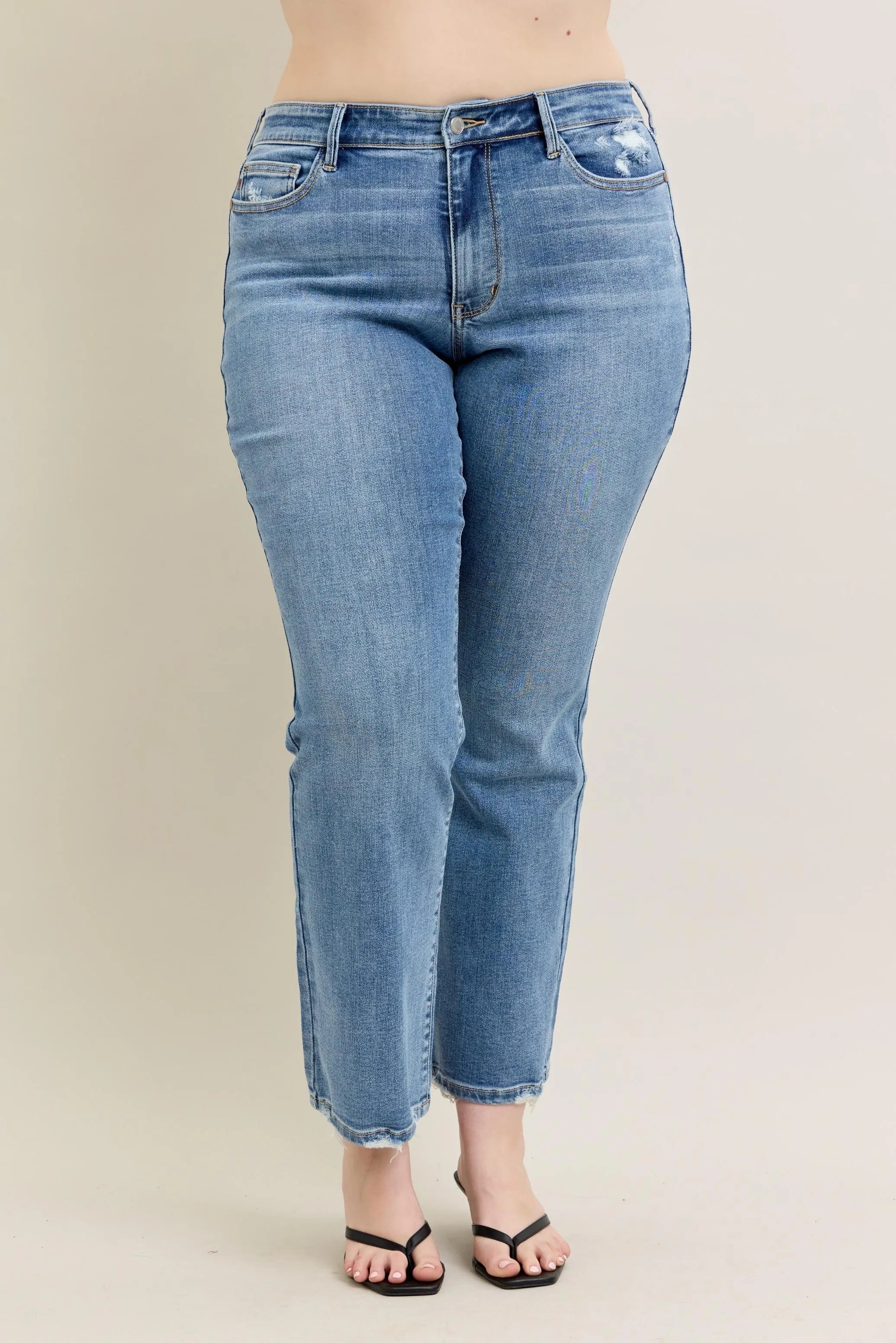 Mid Rise Wash Destroy Hem Bootcut Jeans With Plus Size Judy Blue