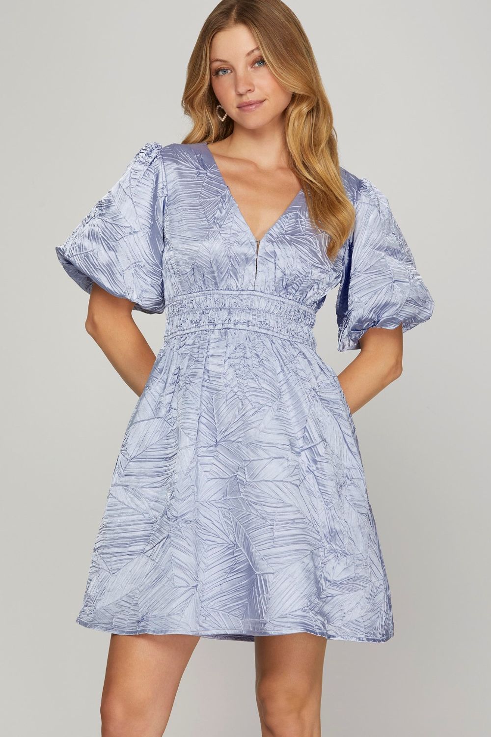 Crinkle Woven V-Neck Balloon Sleeve Mini Dress She + Sky Light Blue S