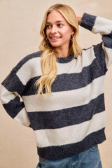 Wide Stripe Fuzzy Knit Round Neck Sweater BiBi