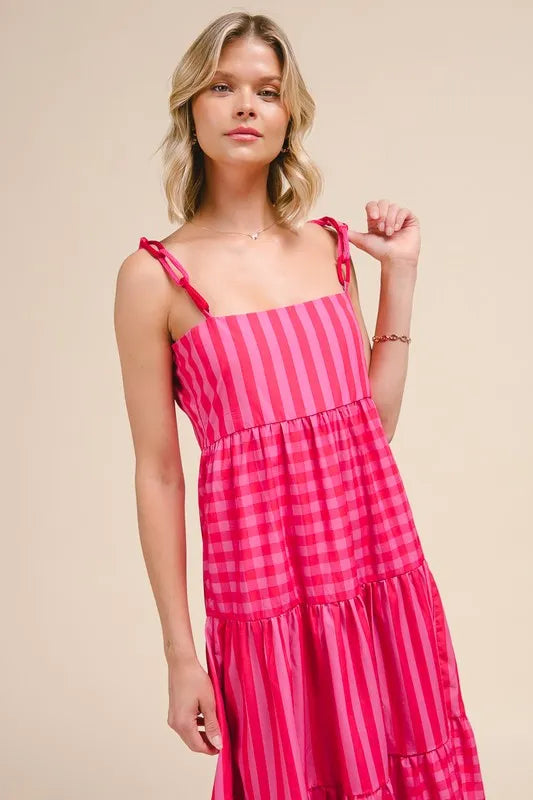 Stripe Tiered Maxi Dress with Colorful Chain Strap So Me