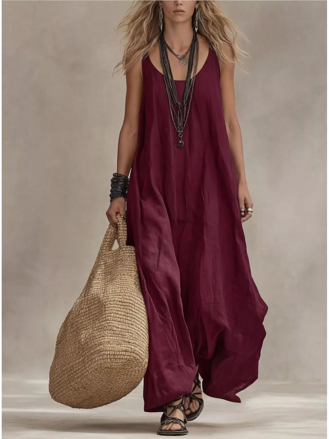 Scoop Neck Sleeveless Maxi Dress – Lightweight Casual Luxe Simmer & Fay Burgundy S
