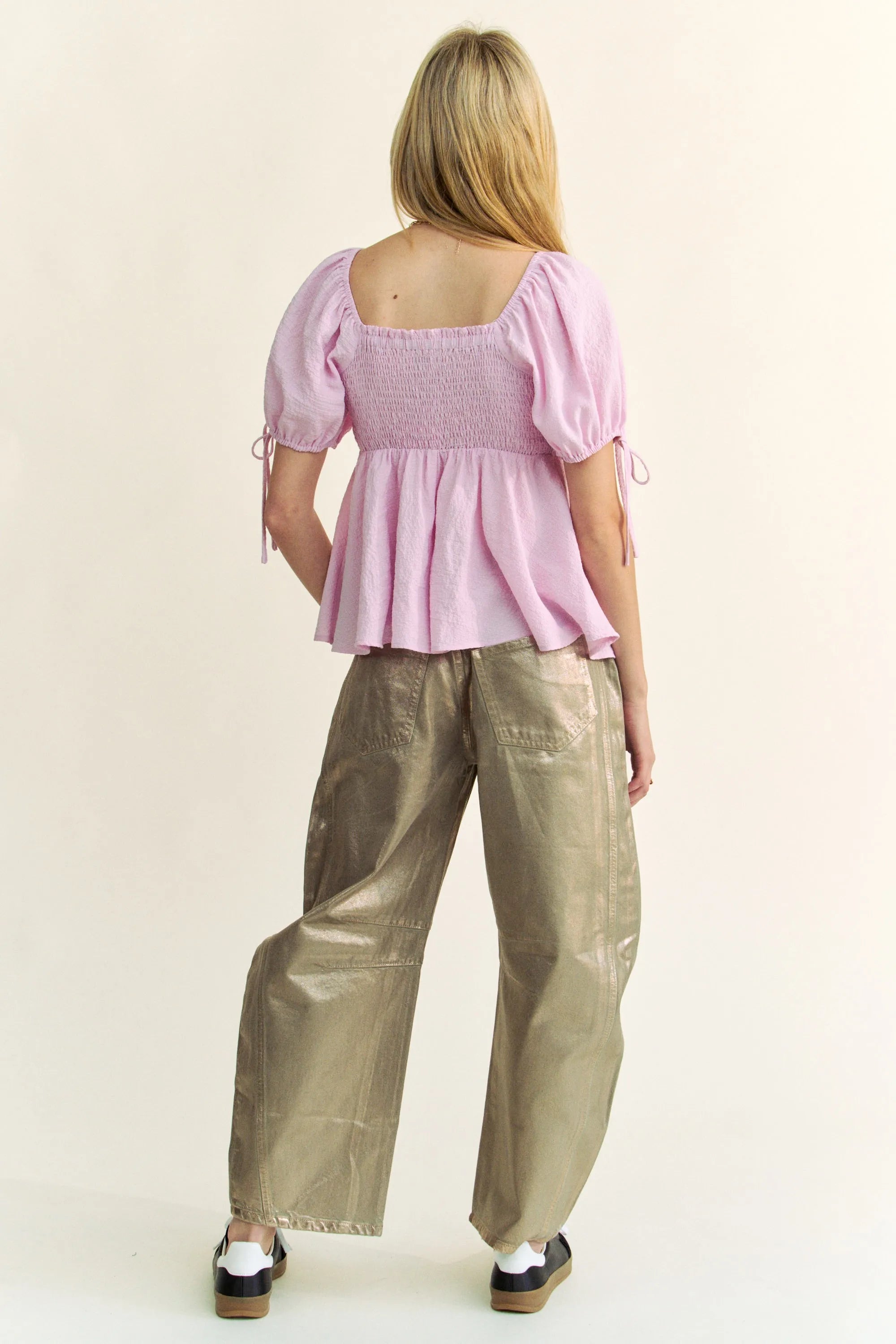 Solid Elastic Peplum Puffed Sleeves Blouse Davi & Dani
