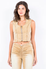 Zip Up Washed Crop Denim Vest American Bazi Tan S 