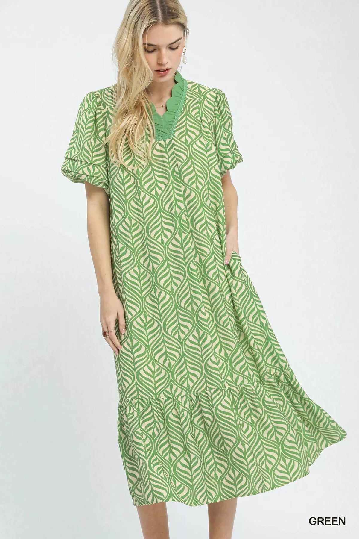 Leaf Print Ruffle Neck Midi Dress Umgee GREEN S
