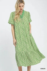 Leaf Print Ruffle Neck Midi Dress Umgee GREEN S