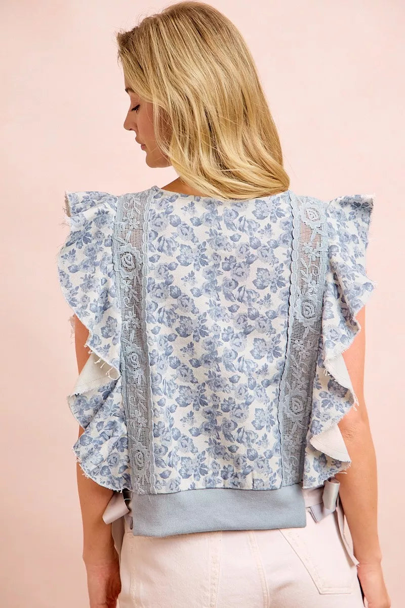 Floral Printed Twill Lace Trim Detail Side Bow Tied Top BiBi