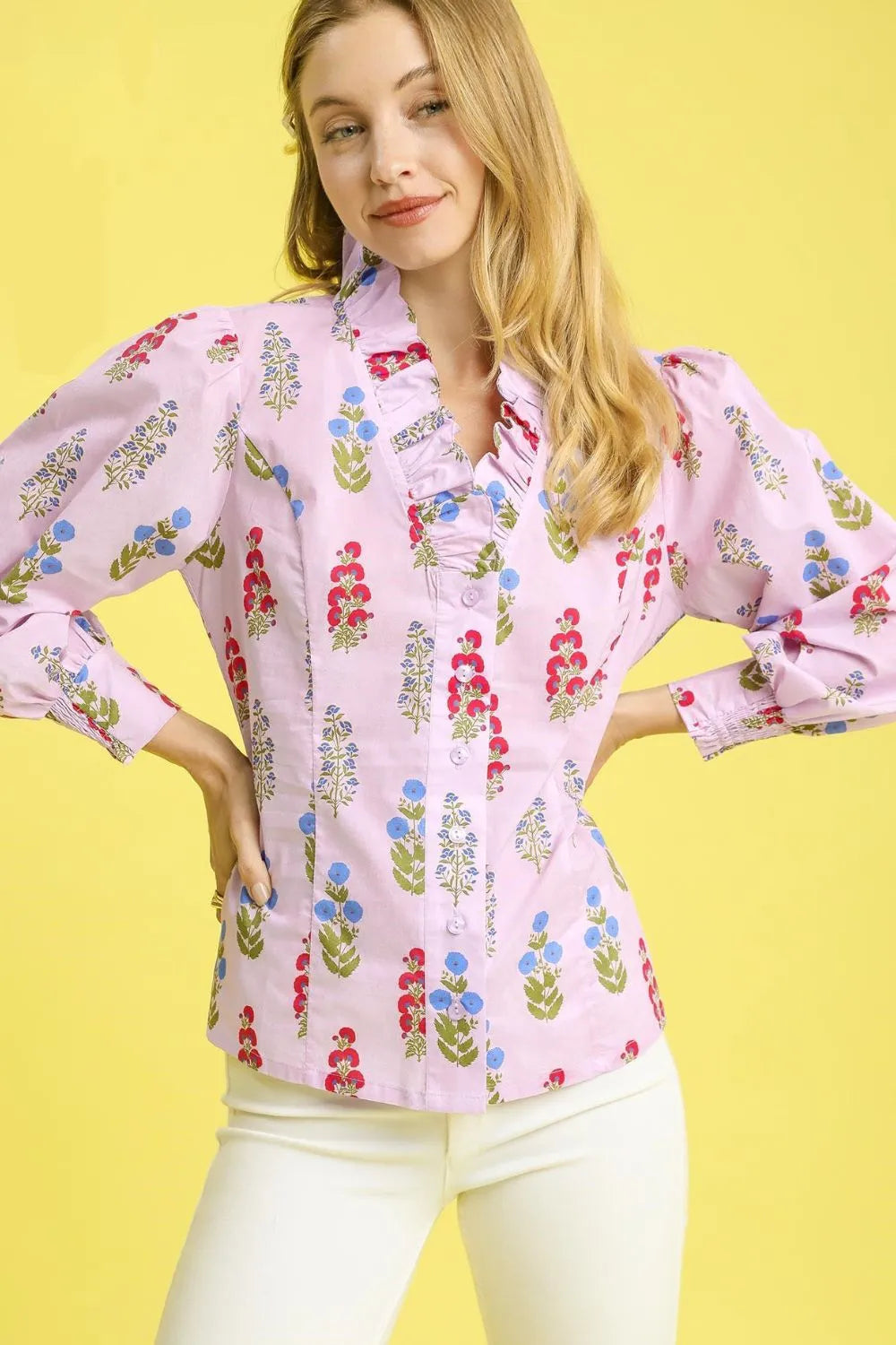 Floral Print Lantern Sleeve Button Down Shirt Umgee