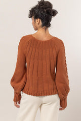 Cable-Knit Round Neck Raglan Sleeve Sweater HYFVE   