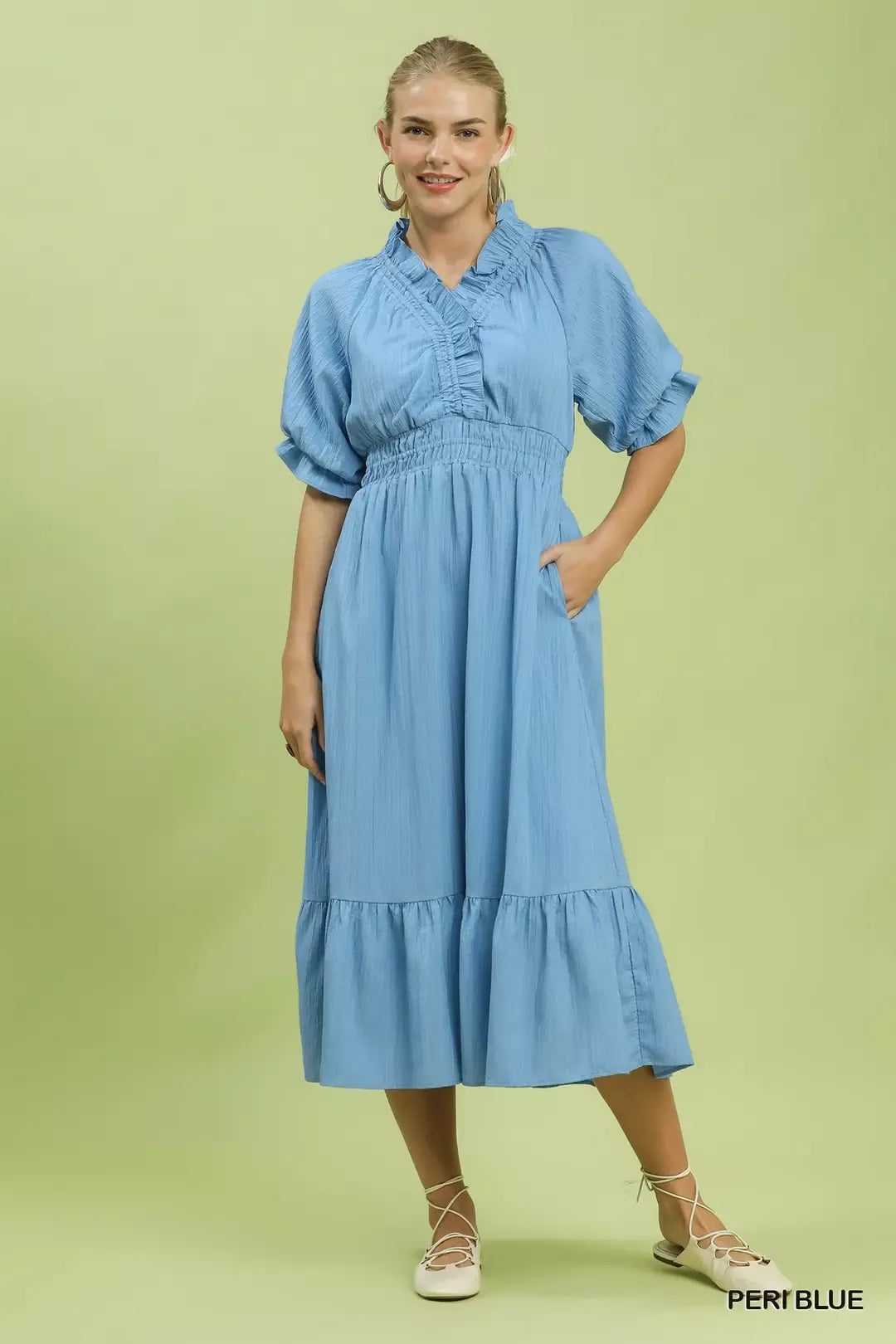 Ruffle V-Neck Midi Dress Umgee PERI BLUE S