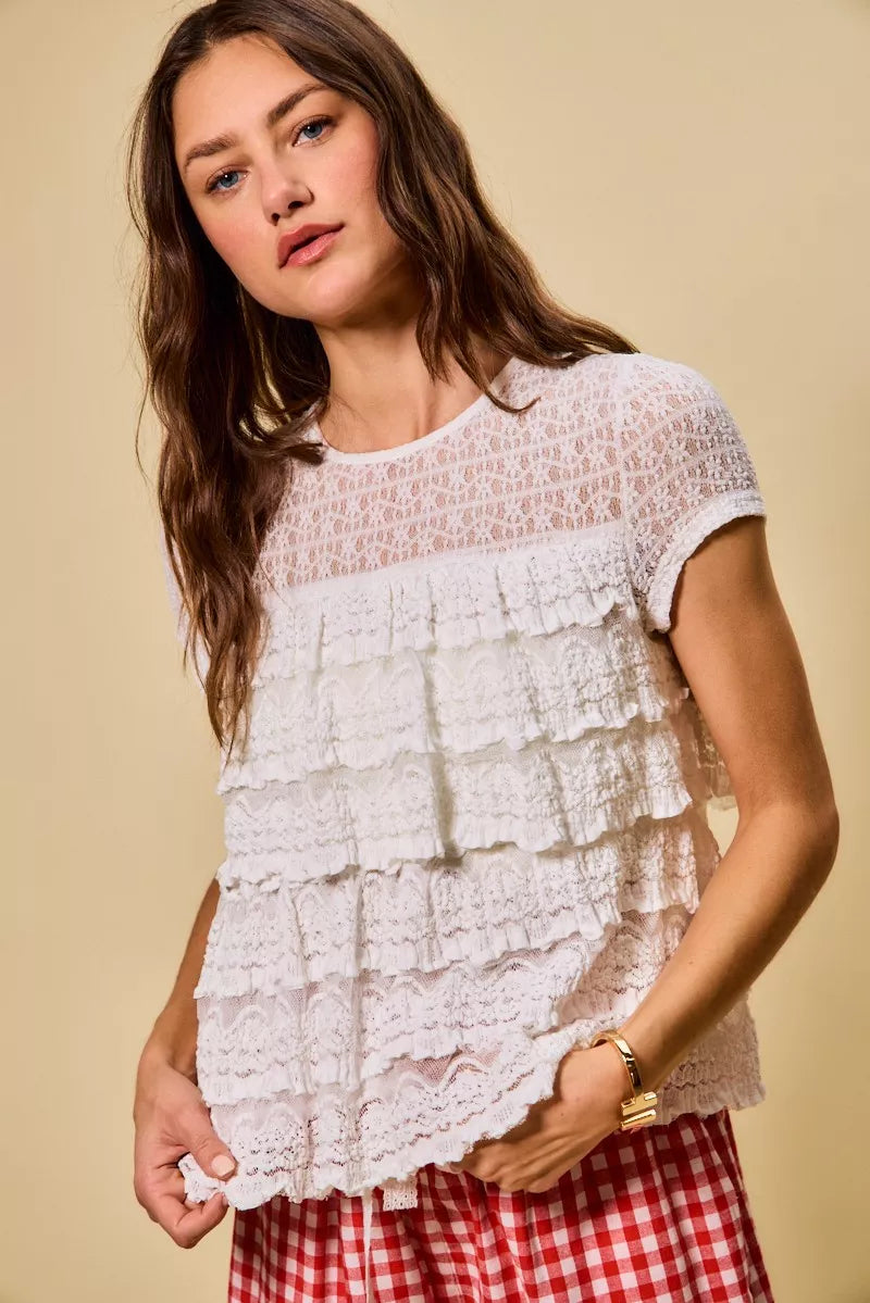 Ruffle Tiered Stretch Lace Short Sleeves Knit Top So Me