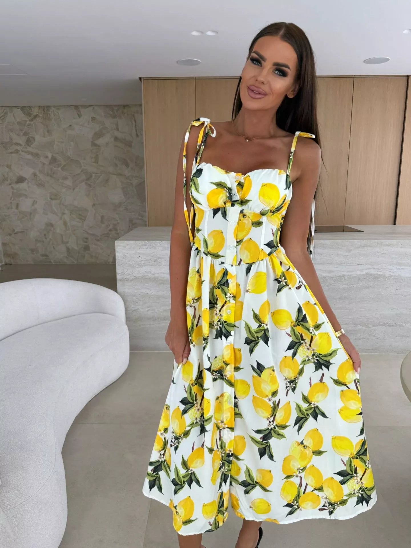 Printed Tie-Strap Midi Dress Simmer & Fay