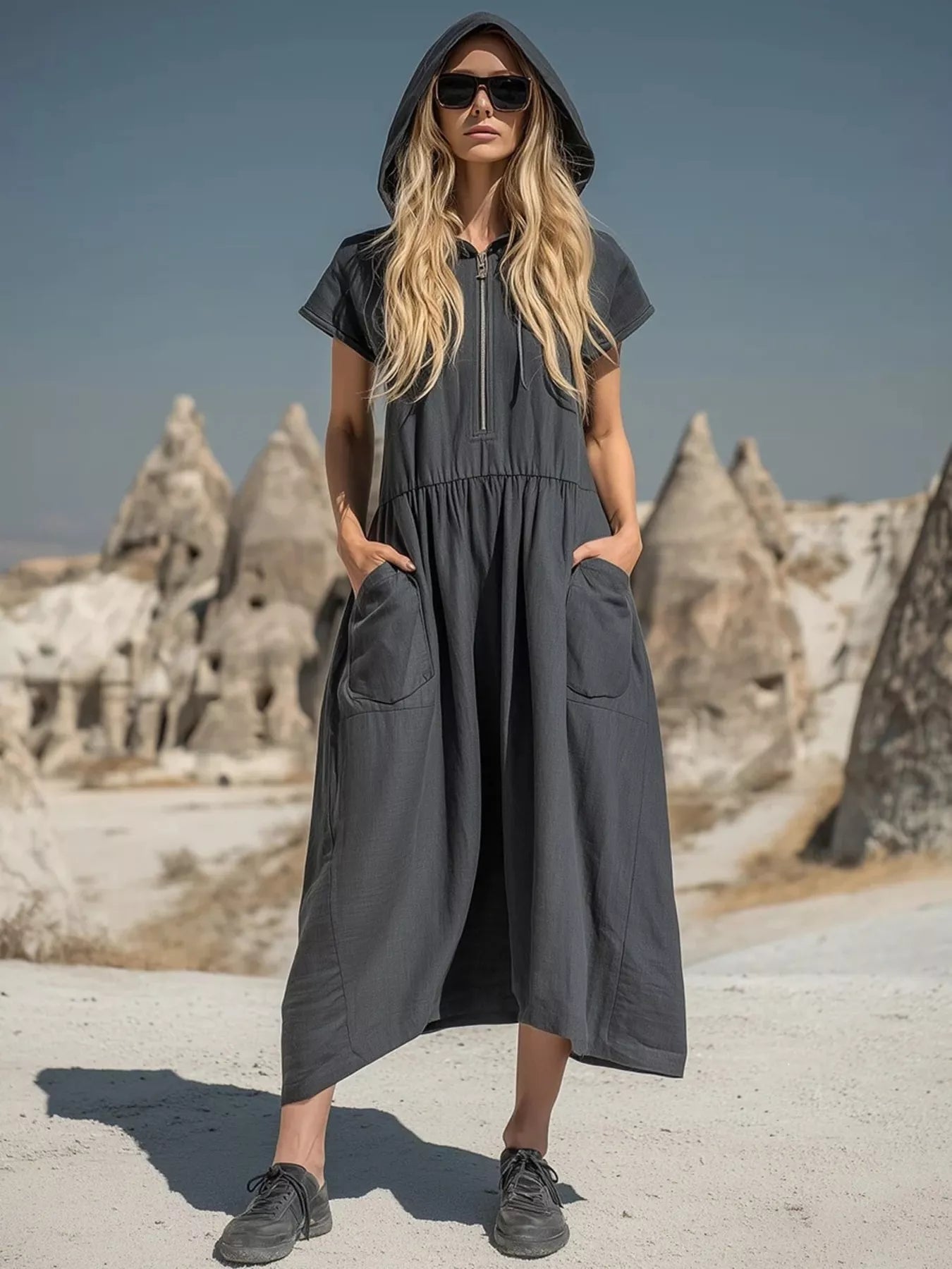 Hooded Midi Dress with Half‑Zip & Pockets – Relaxed Fit (Regular + Plus) Simmer & Fay Grey S