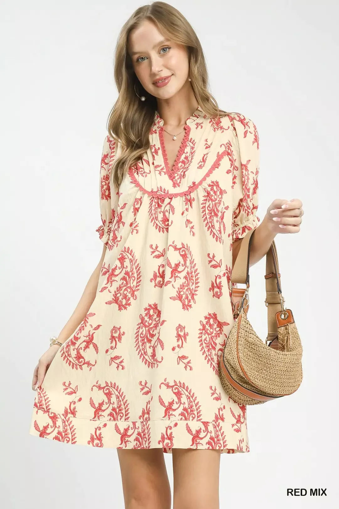 Mix Paisley Scallop Trim Dress Umgee RED MIX S