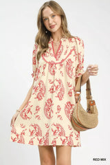 Mix Paisley Scallop Trim Dress Umgee RED MIX S