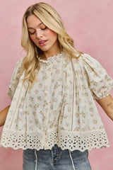 Floral Print Lace Trim Short Sleeves Blouse So Me