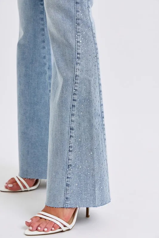 Mid Rise Rhinestone Side Panel Detail Flare Jeans Judy Blue