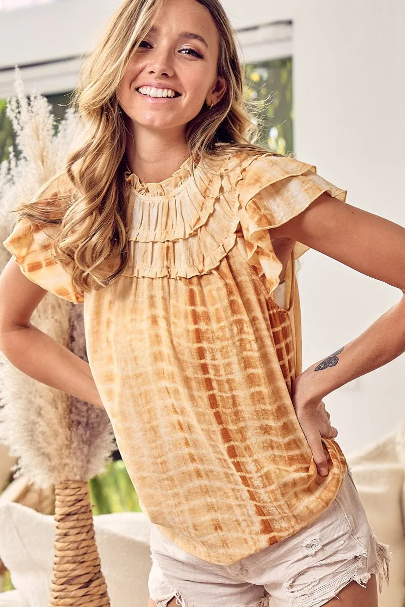 Tiered Ruffle Neck Tie Dye Top BiBi