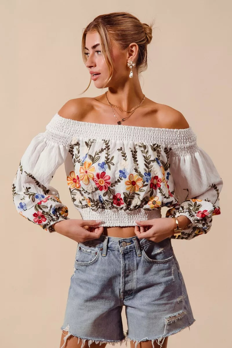 Floral Embroidered Off The Shoulder Crop Top So Me OFF WHITE S