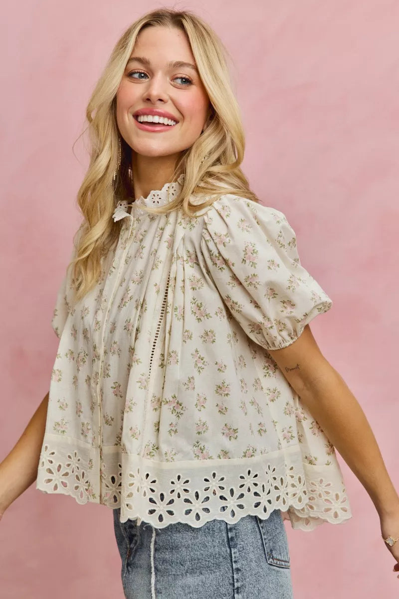 Floral Print Lace Trim Short Sleeves Blouse So Me