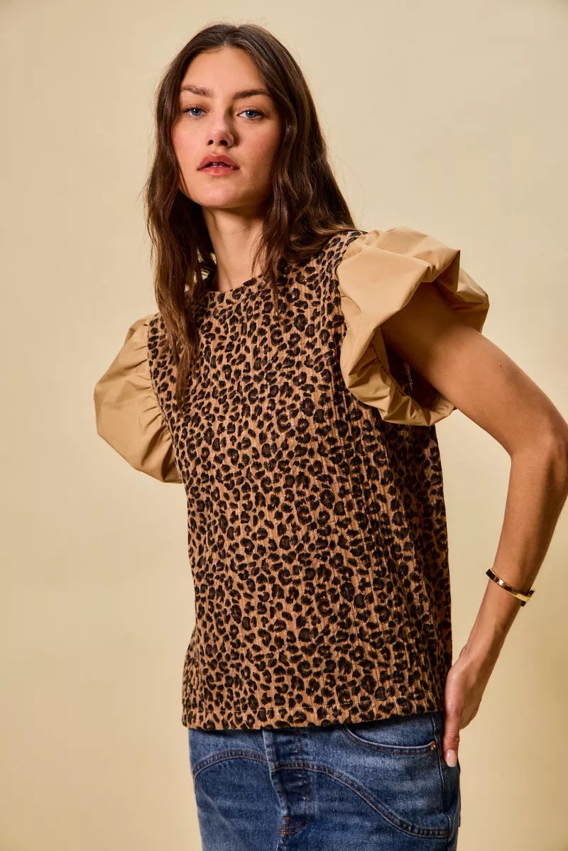 SO ME Leopard Pointelle Knit Top with Puff Sleeves Trendsi