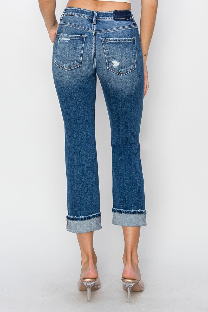 Cuffed Ankle Distressed Straight Jeans Risen   