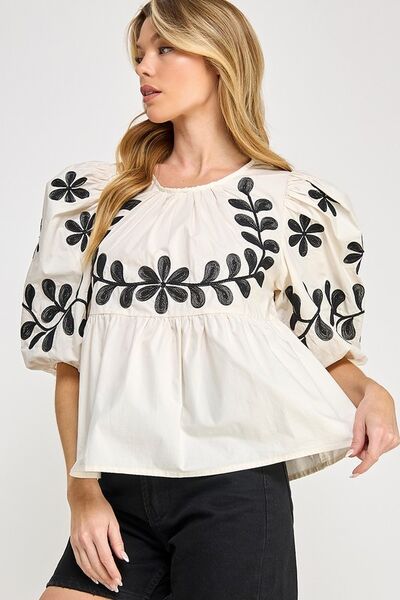 Puff-Sleeve Embroidered Peplum Blouse Sage + Fig