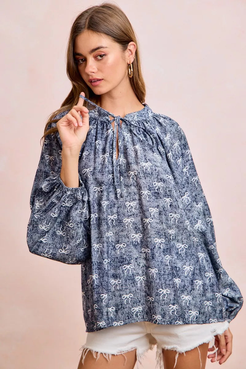 Ribbon Bow Print Exaggerated Balloon Sleeves Top BiBi NAVY/WHITE BOW S