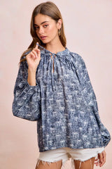Ribbon Bow Print Exaggerated Balloon Sleeves Top BiBi NAVY/WHITE BOW S