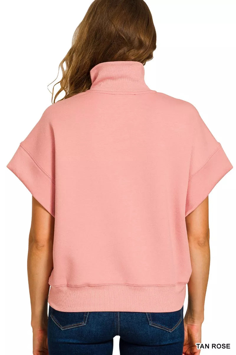 Scuba High Neck Half Zip Short Sleeve Top With Plus Size ZENANA