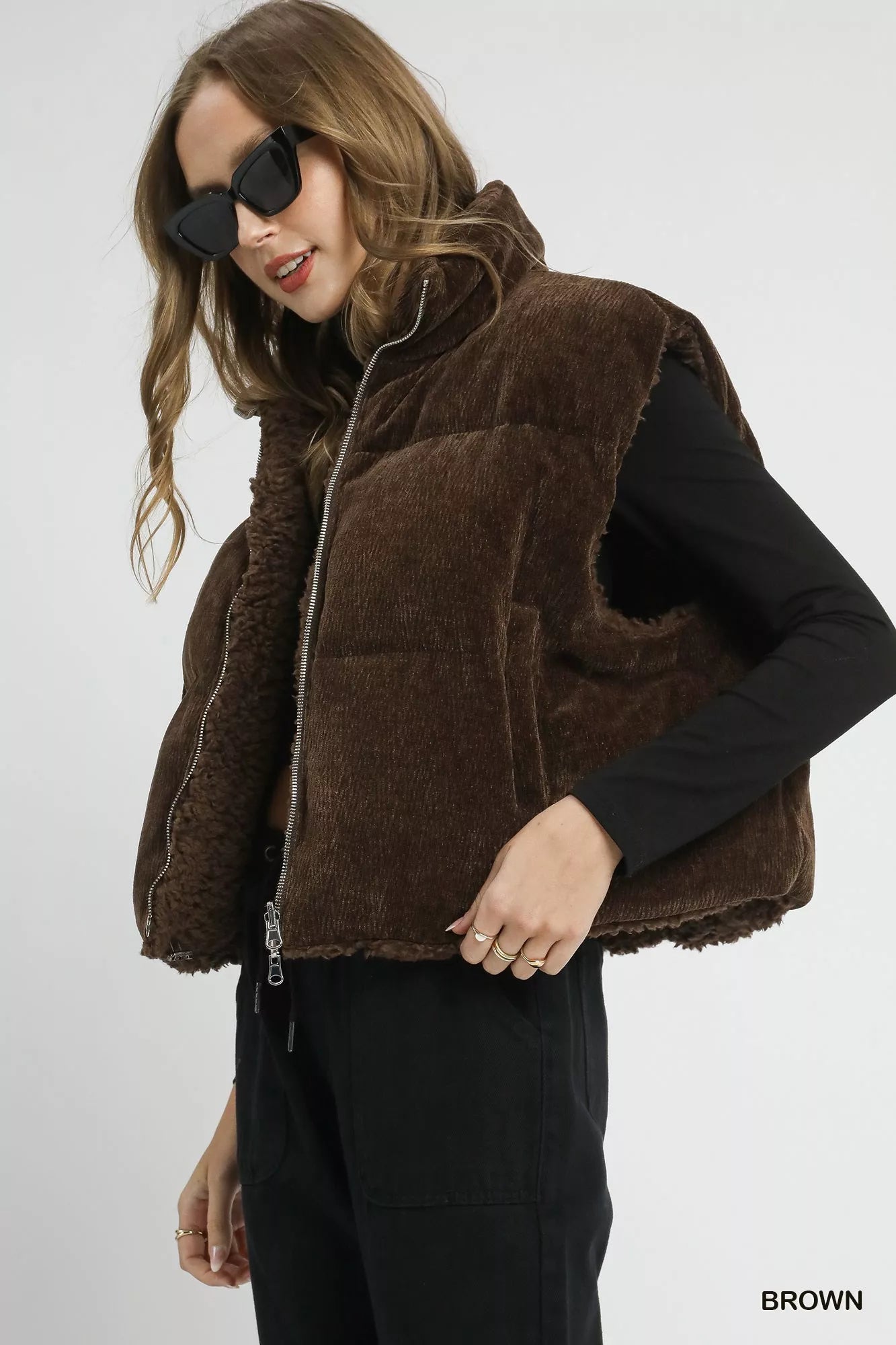 Sherpa-Lined Zip Vest with Drawstring Hem Umgee