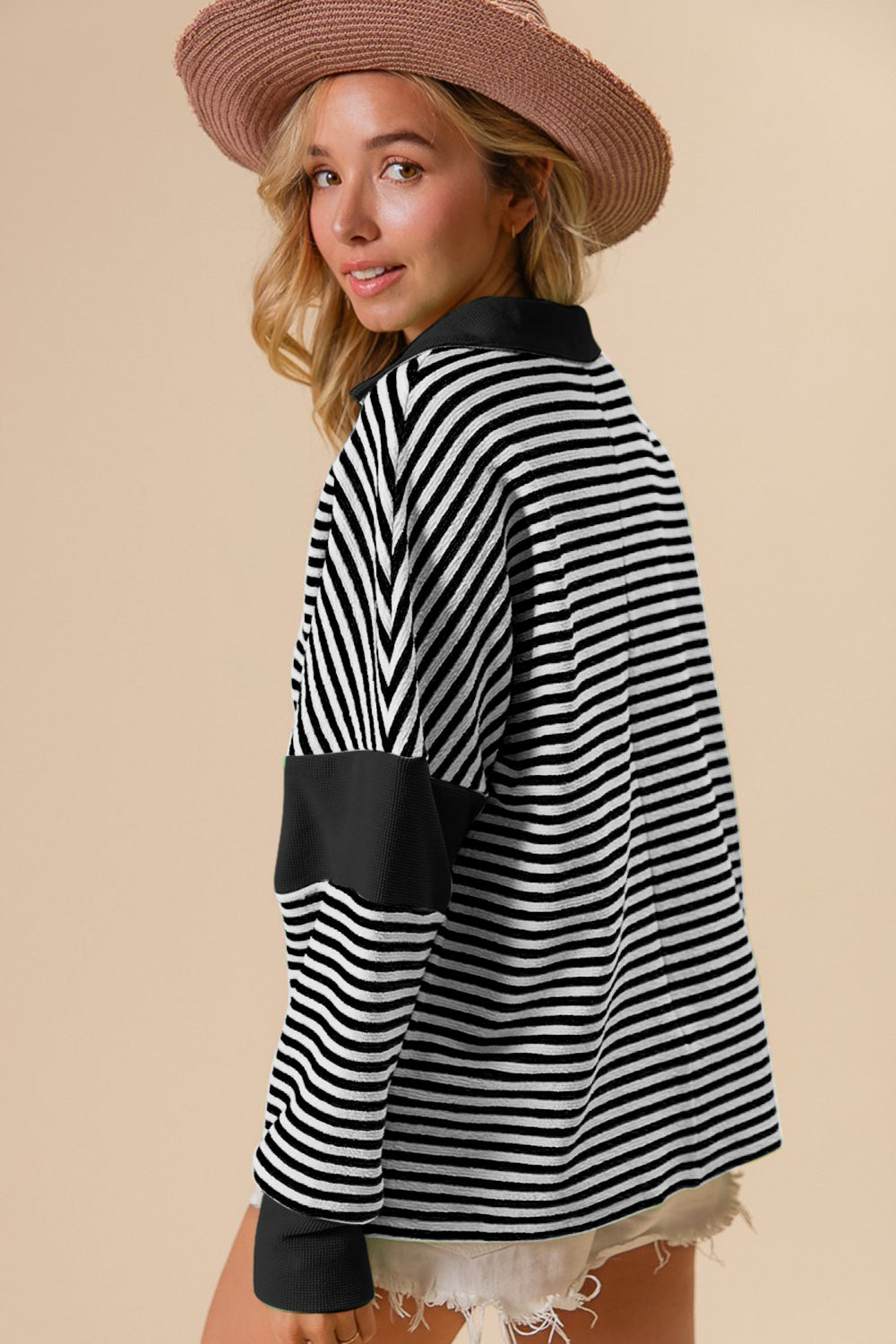 Striped Contrast Relaxed Long Sleeve V-neck Knit Top BiBi   