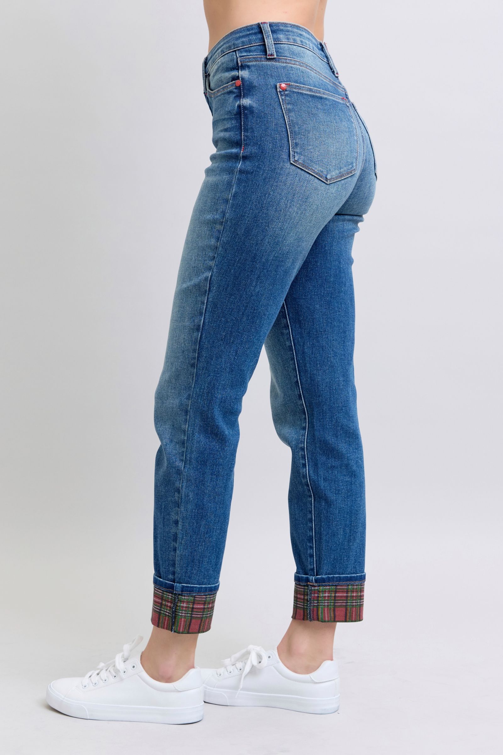 Plaid Print Cuff Straight Leg Jeans with Pockets Judy Blue