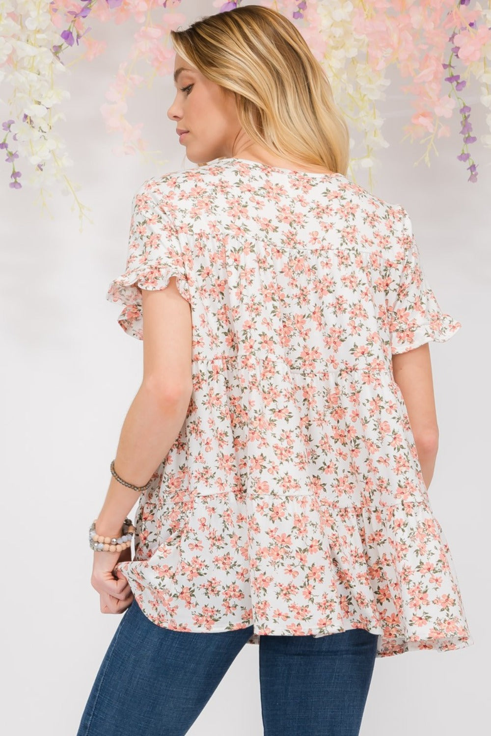 Floral Ruffled Short Sleeve Tiered Top Celeste   