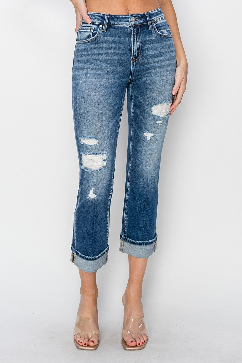 Cuffed Ankle Distressed Straight Jeans Risen   