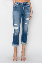 Cuffed Ankle Distressed Straight Jeans Risen   