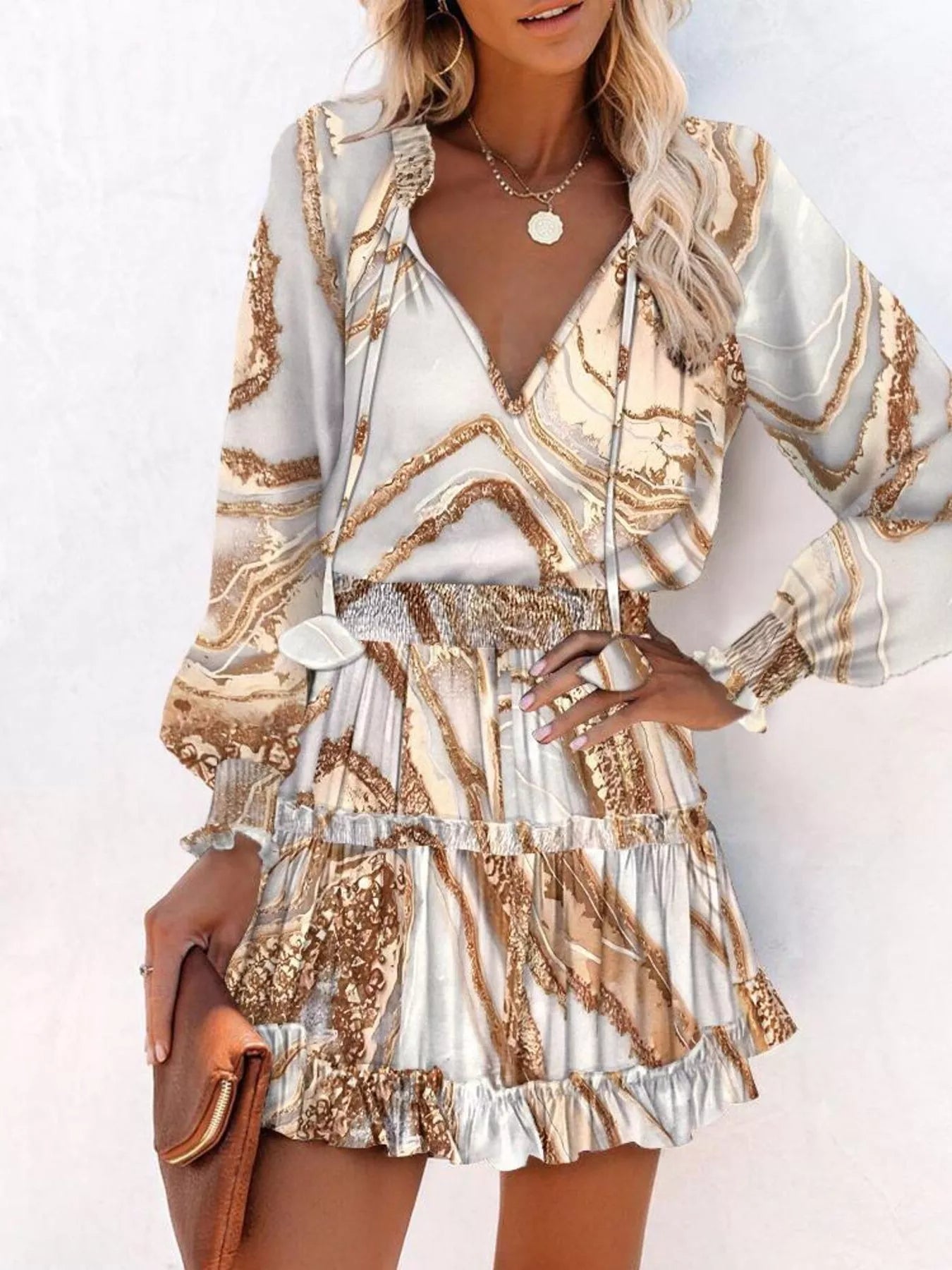 Tie Neck Lantern Sleeve Dress Simmer & Fay