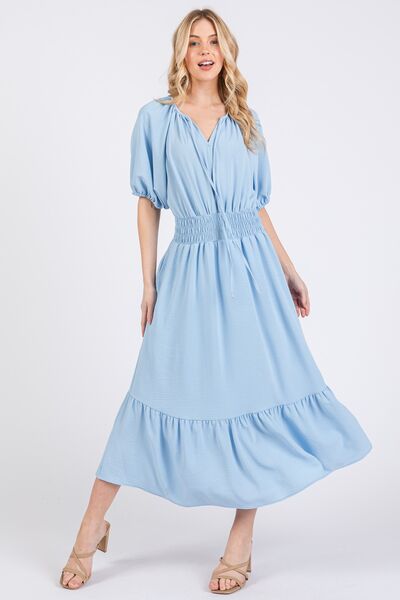 Smocked Elastic Waist Tie Neck Puff Sleeve Dress Ces Femme