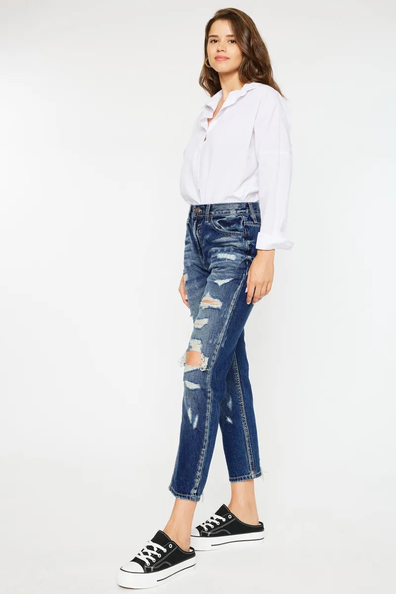 High Rise Distressed Mom Fit Jeans Kancan