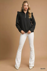 Cable Knit Textured Pullover with Ruffle Shoulders Umgee